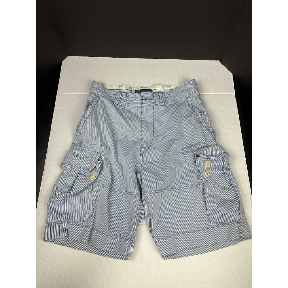 Ralph Lauren Polo Vintage Texture Striped All Cotton Cargo Shorts. Blue, Size 34
